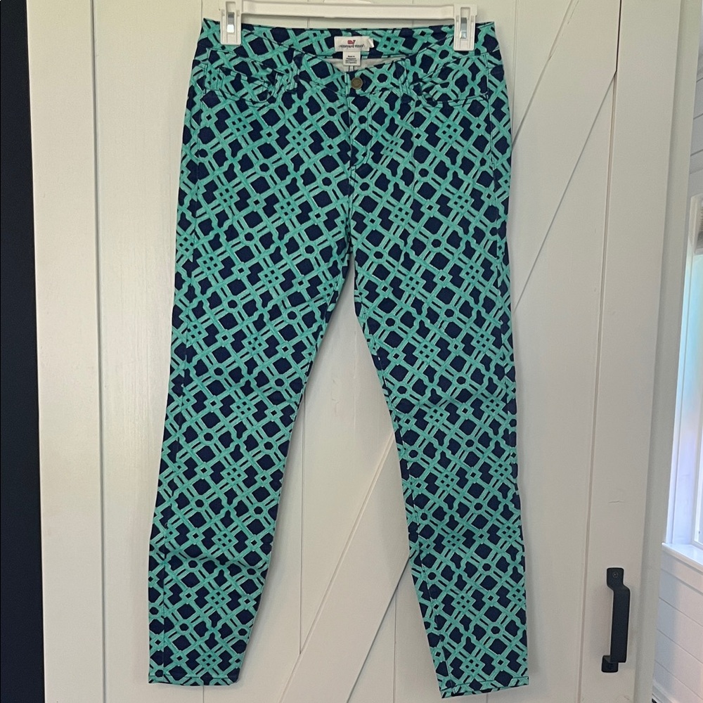 Vineyard Vines Teal & Navy Geometric Print Pants Sz 8-so flattering!